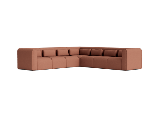 Brown L-shaped sectional sofa with cushioned backrests and armrests, featuring a modern minimalist design. Ideal for contemporary living rooms.