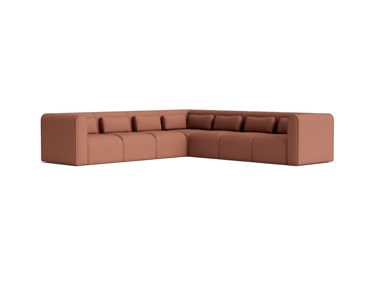 Brown L-shaped sectional sofa with plush cushions and clean lines, suitable for modern living room decor.