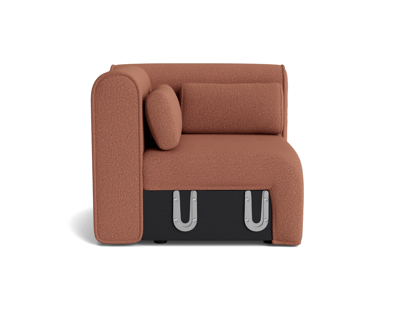 Brown L-shaped sofa with black base and metal accents, featuring a cylindrical cushion. Modern and compact design.