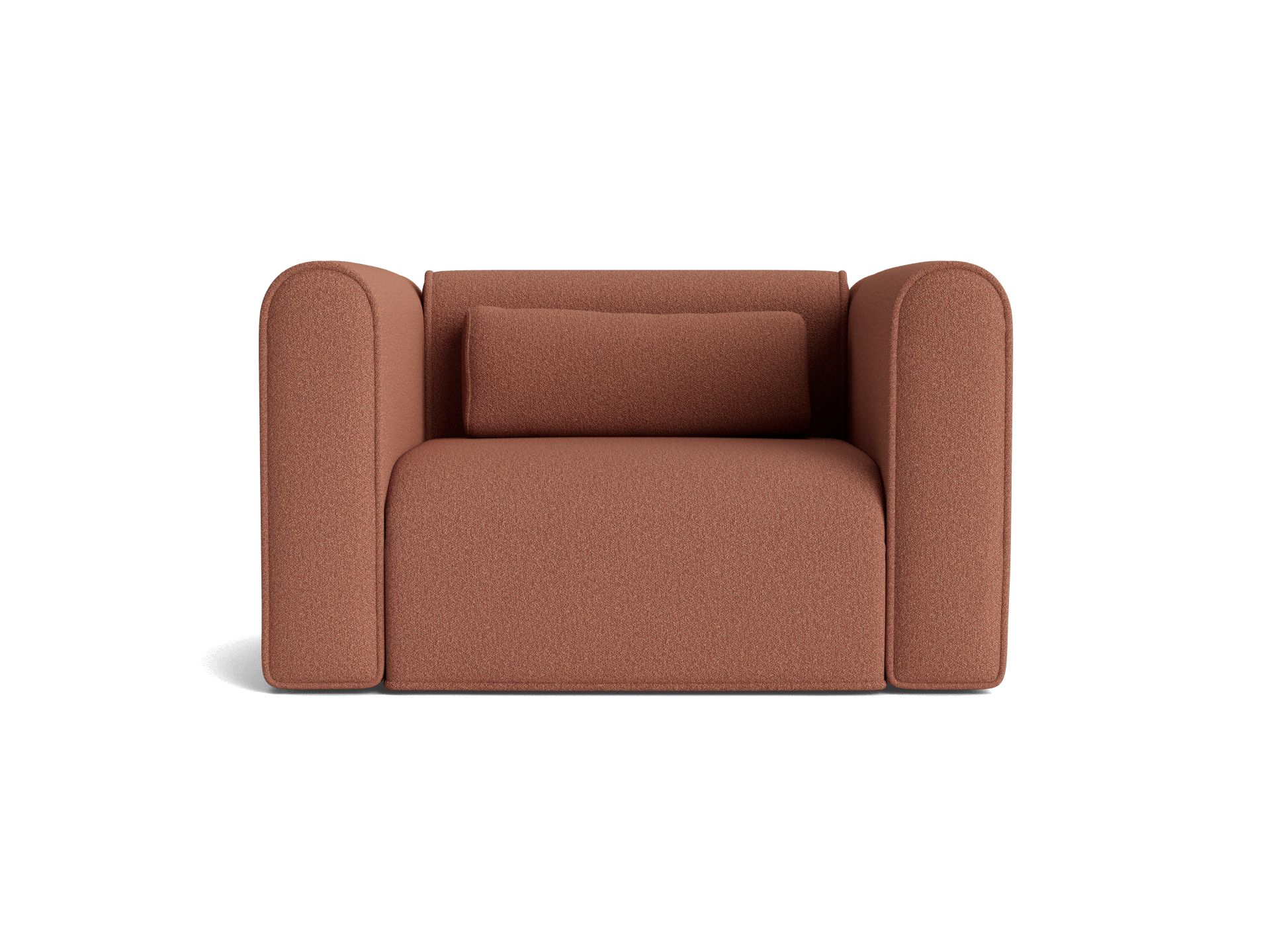 Brown upholstered armchair with a rectangular cushion, featuring rounded armrests and a modern design. Ideal for living room furniture.