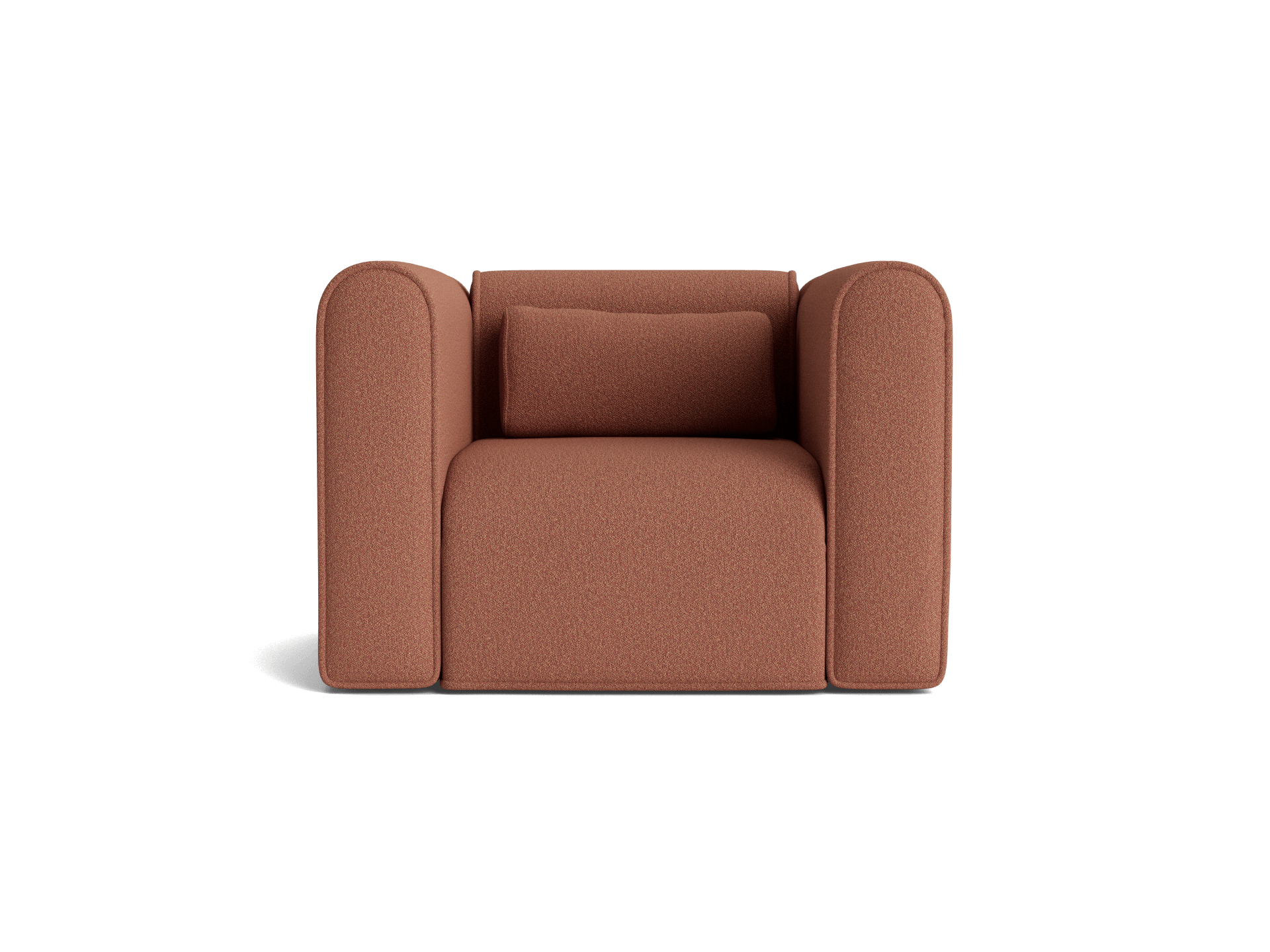 Rust-coloured armchair with rounded armrests and a matching cushion, featuring a minimalist and modern design.