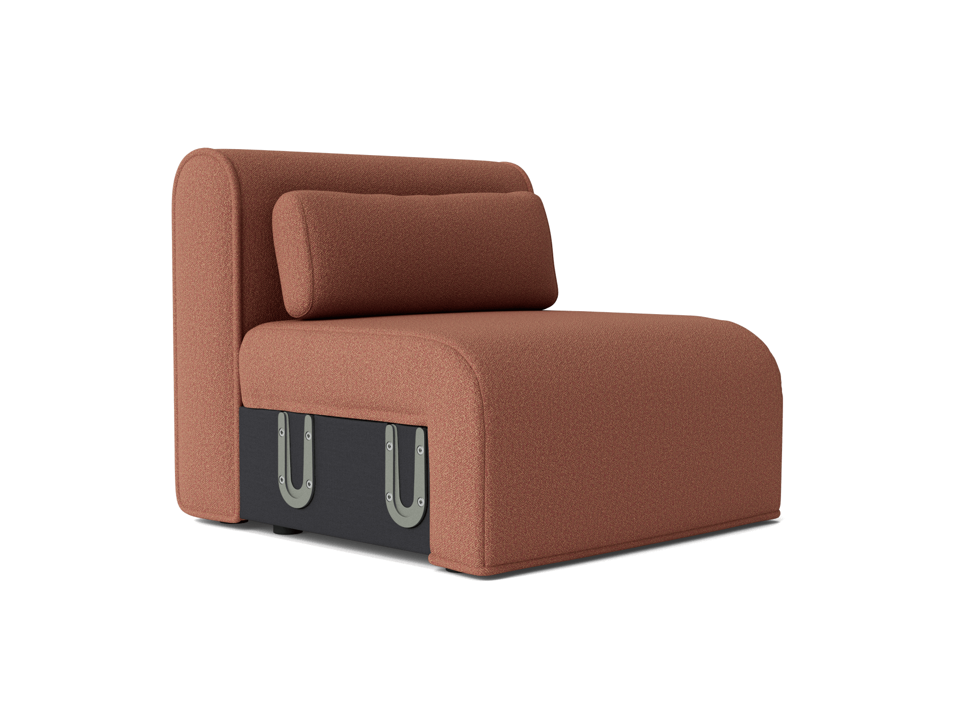 Brown upholstered armless chair with a matching cylindrical pillow. Features exposed black metal base and sleek modern design.