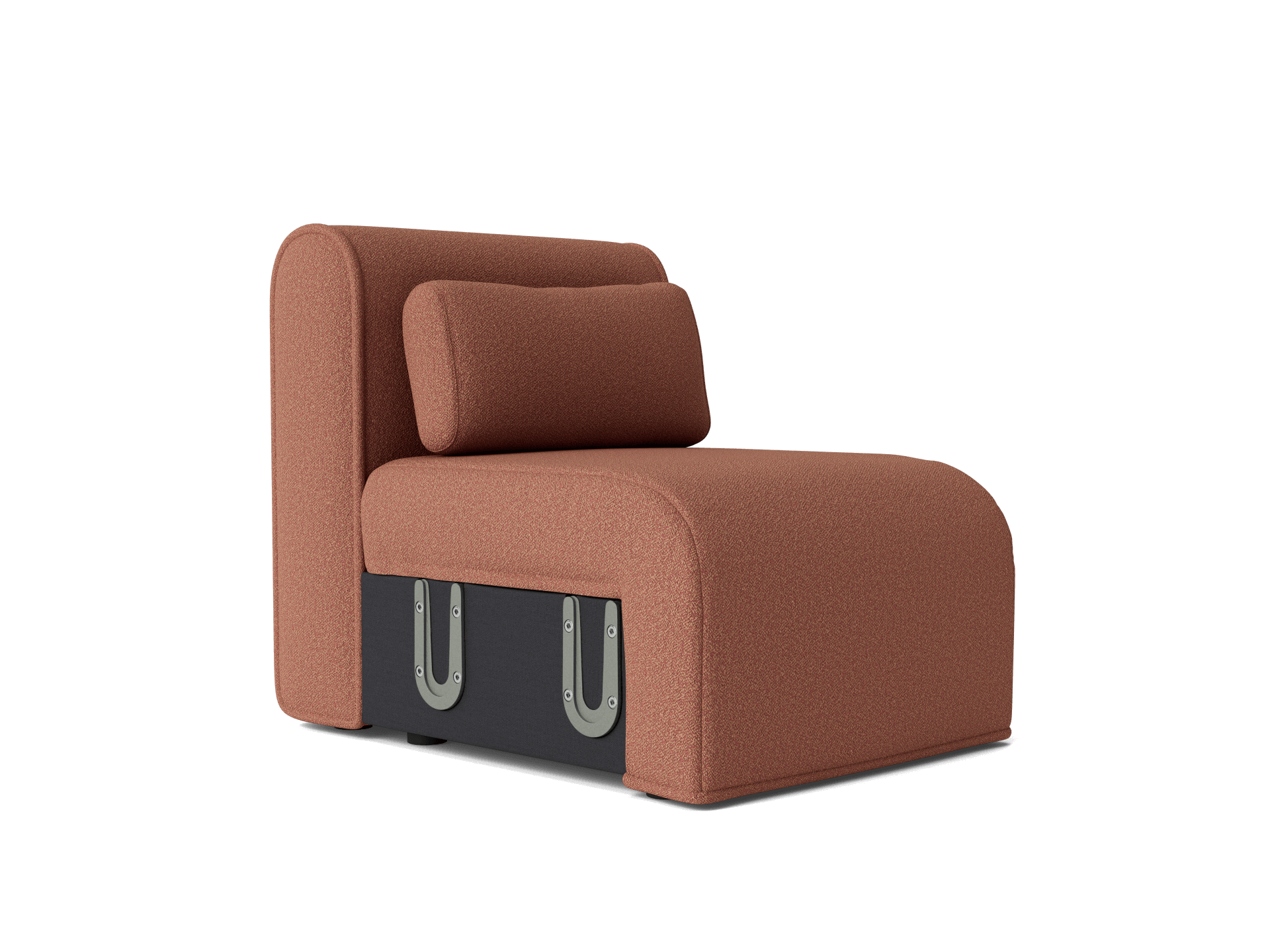 Rust-coloured modular sofa seat with a rounded backrest and cylindrical cushion. Features black base with metal accents. Modern furniture design.