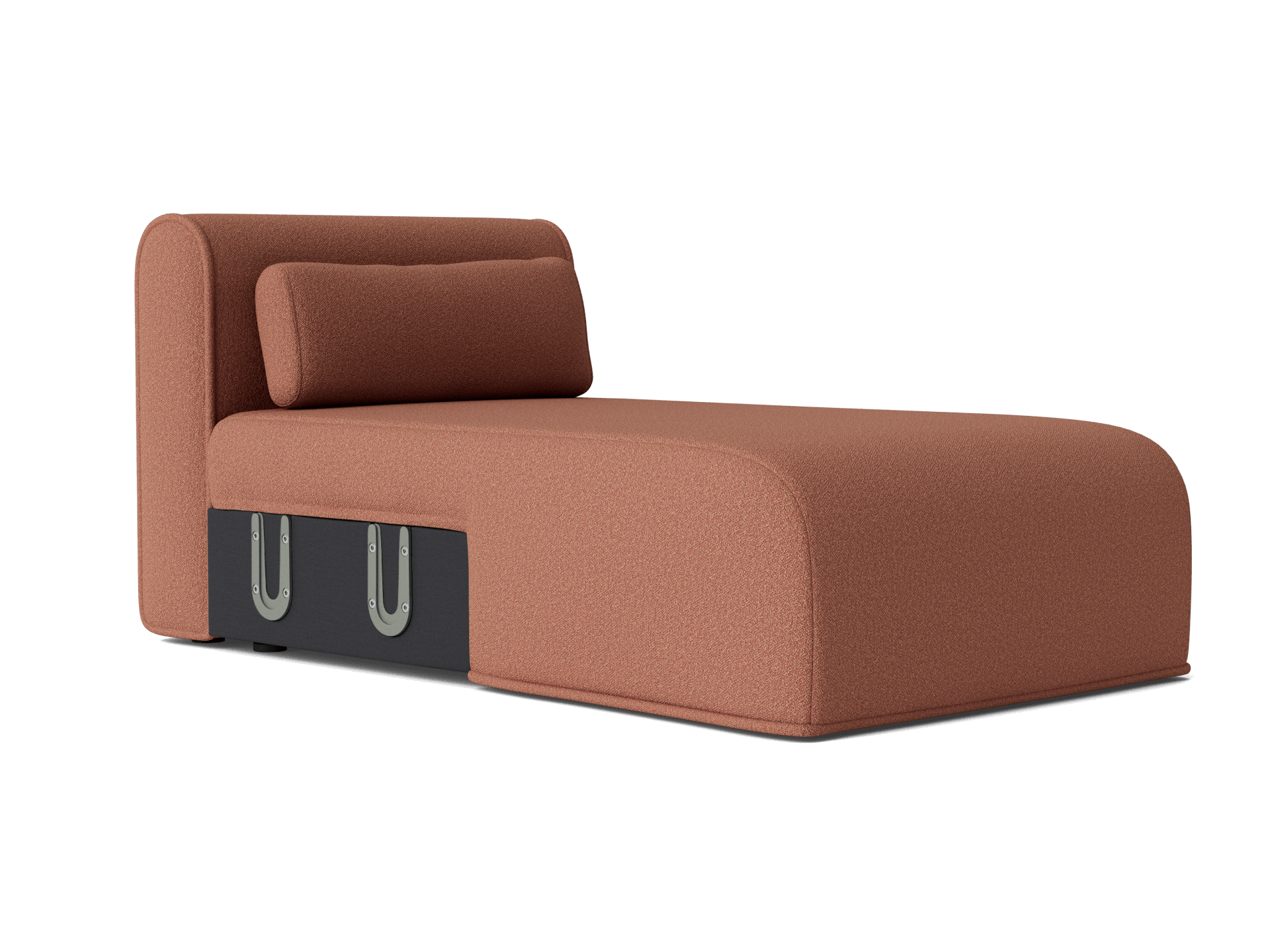 Rust brown chaise lounge with a cushioned backrest and pillow, featuring black storage drawers underneath.