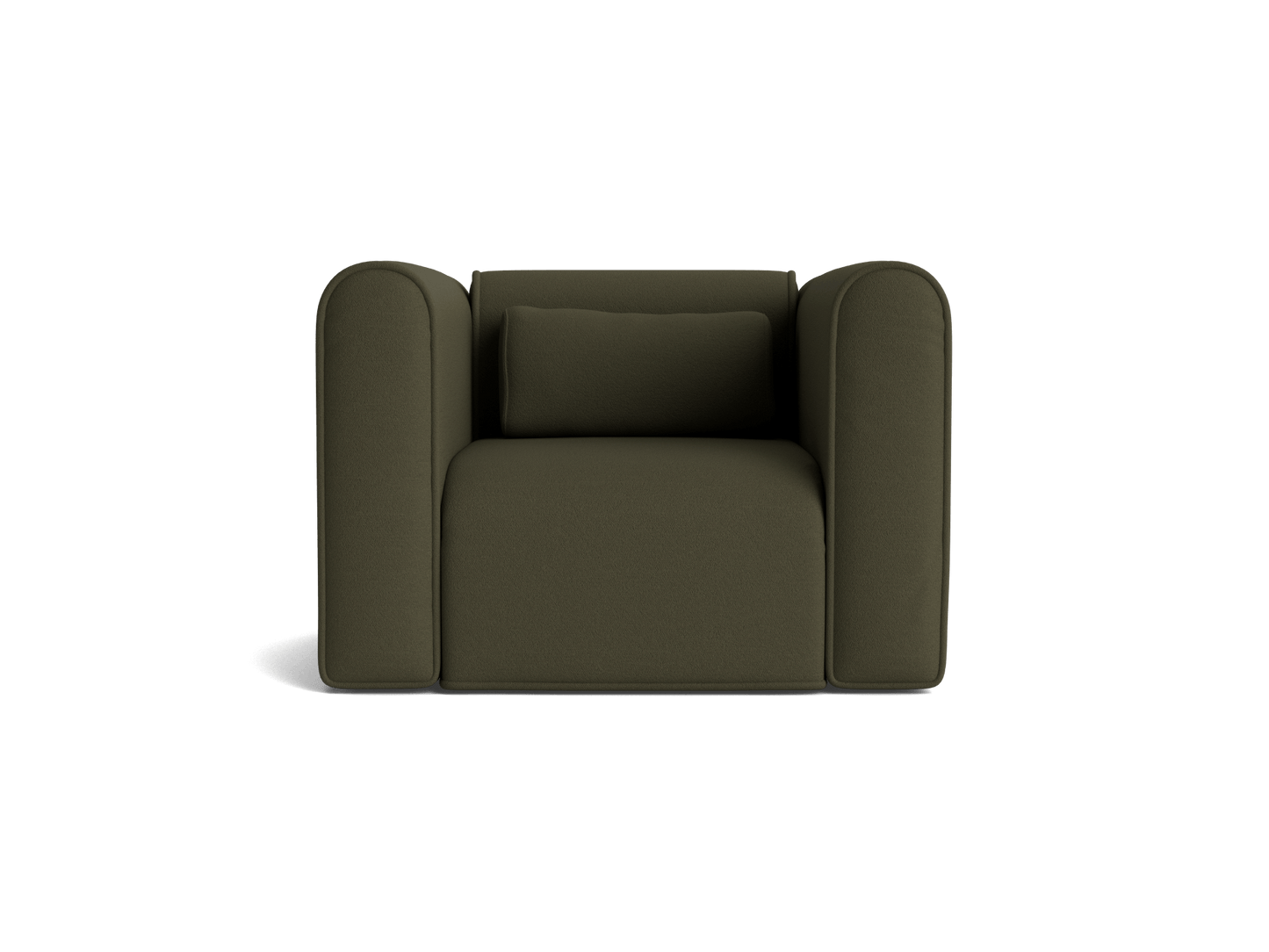 Dark green armchair with a boxy design, featuring rounded armrests and a matching rectangular cushion in the centre.