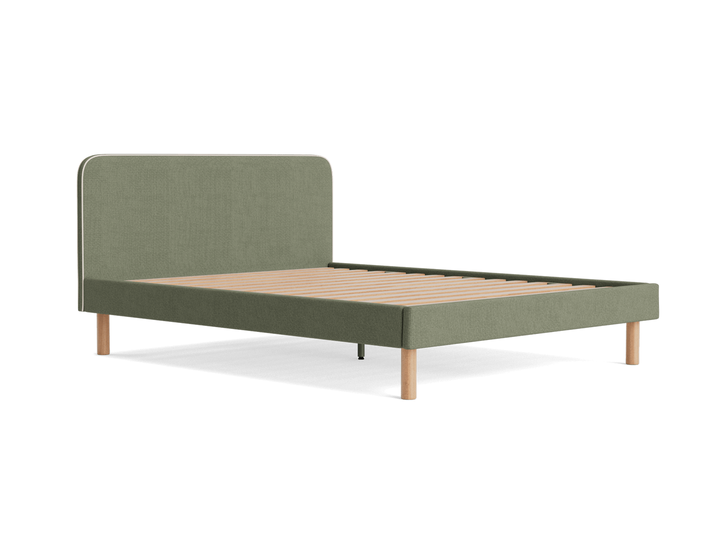 Olive green fabric bed frame with a simple headboard, wooden slats, and light wood legs. Minimalist design.