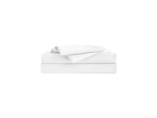 A neatly folded white sheet set on a black background, including a fitted sheet and a flat sheet.