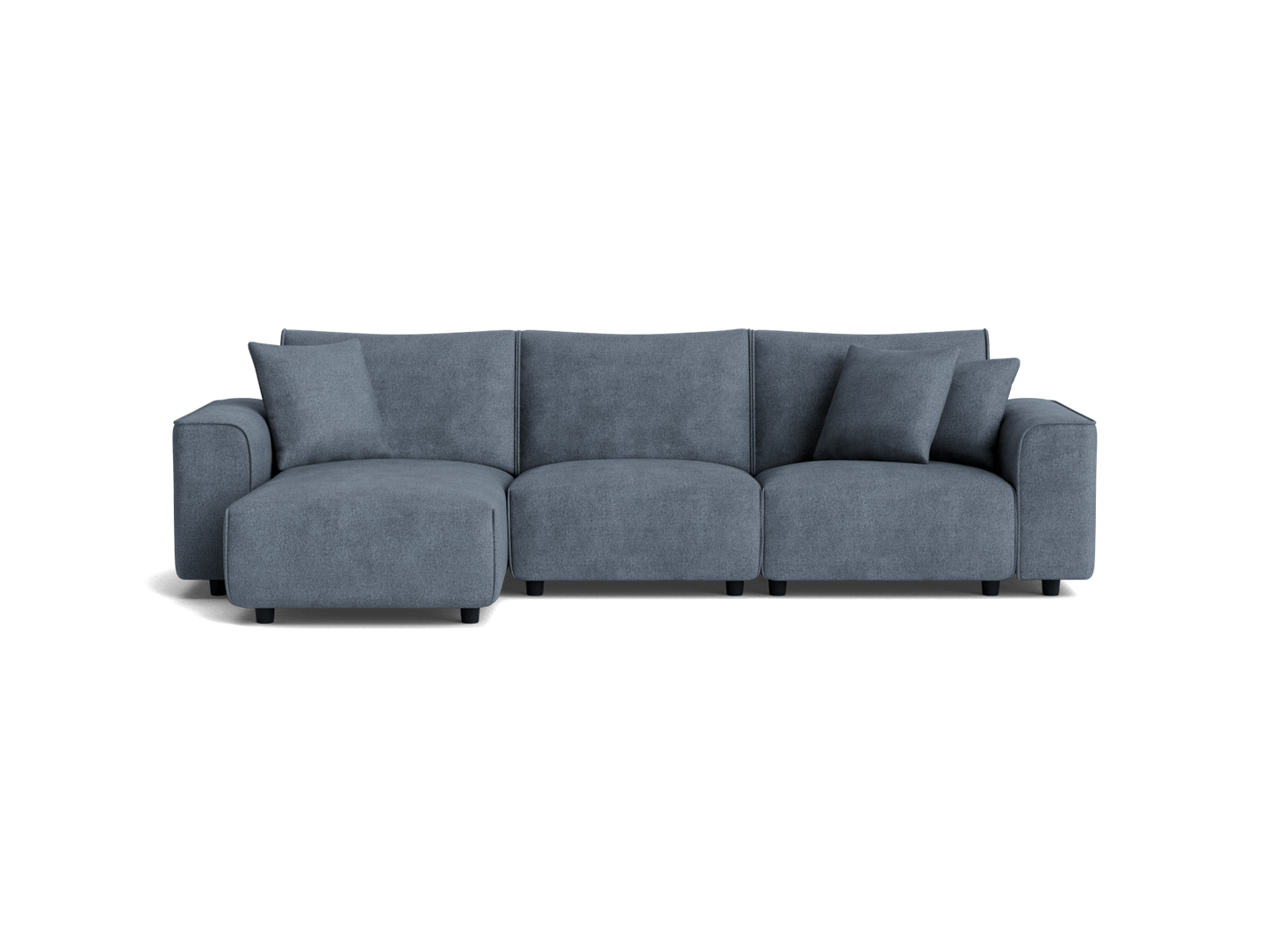 Dark grey modular sofa with three cushions, featuring a left-side chaise. Upholstered in soft fabric, ideal for modern living rooms.