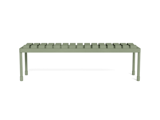 Sage green metal slatted bench with minimalist design, featuring four sturdy legs. Ideal for outdoor or indoor seating.