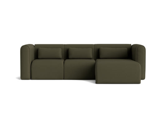 Olive green sectional sofa with three seats, cushioned backrests, and a chaise lounge. Modern design with clean lines.