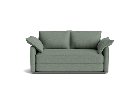 Green two-seater sofa with loose cushions and armrests. Modern, minimalist design. Perfect for living room decor.