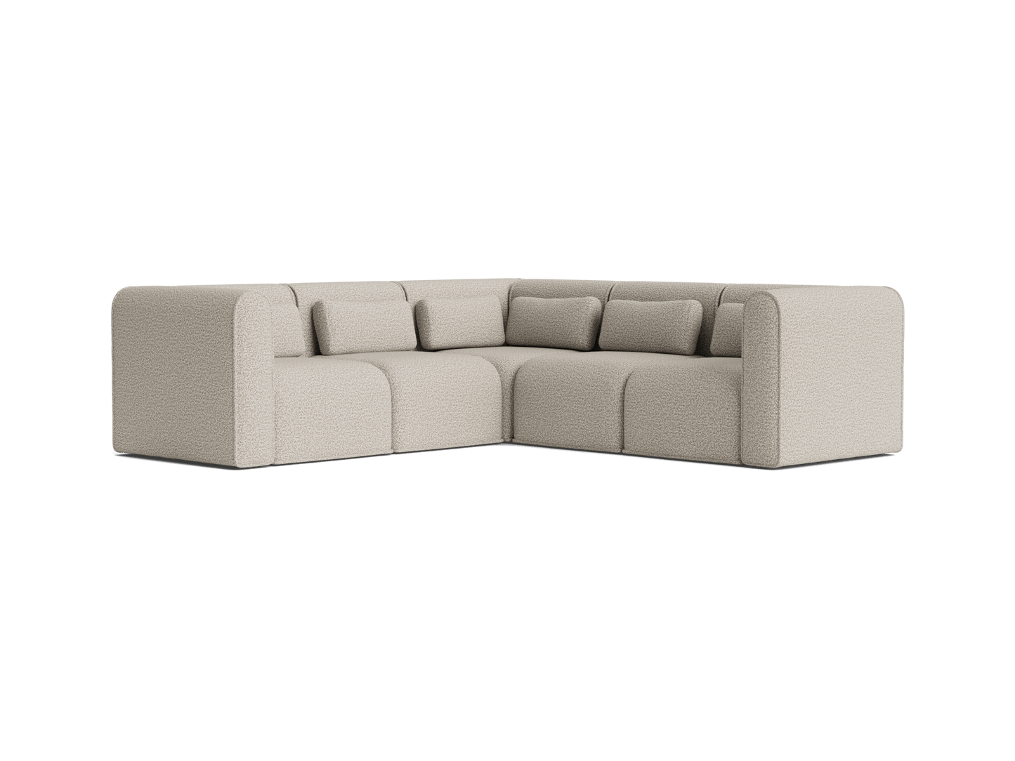 Beige L-shaped sectional sofa with cushioned seats and backrests, featuring a minimalistic design. Ideal for modern living room decor.