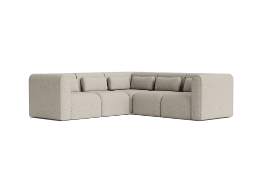 Beige L-shaped sectional sofa with cushioned seats and backrests, featuring a minimalistic design. Ideal for modern living room decor.