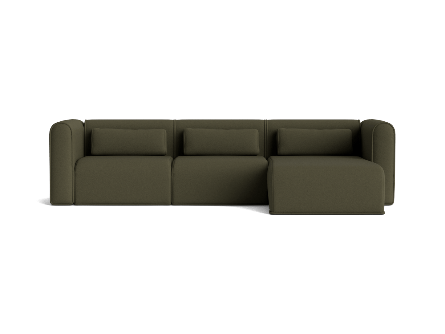 Dark green sectional sofa with three seats and a chaise on the right. Elegant design, plush cushions, and rounded armrests. Ideal for modern living rooms.