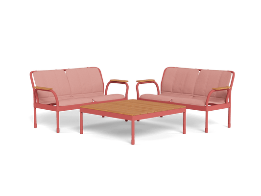 Outdoor furniture set with two pink sofas and a matching coffee table with a wooden top. Perfect for patio leisure.