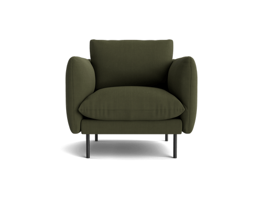 Olive green armchair with rounded arms and cushion, on slender black legs. Modern and minimalist furniture style.