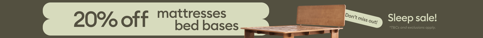 Koala Sleep sale desktop banner with timber bed base showing 20% off mattresses and bed bases