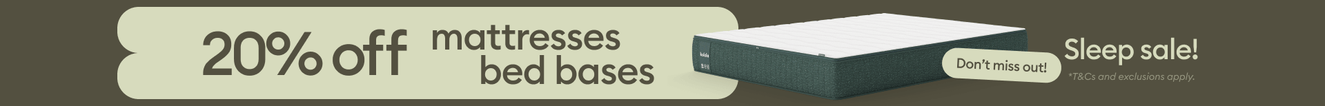 Koala Sleep sale desktop banner with mattress showing 20% off mattresses and bed bases