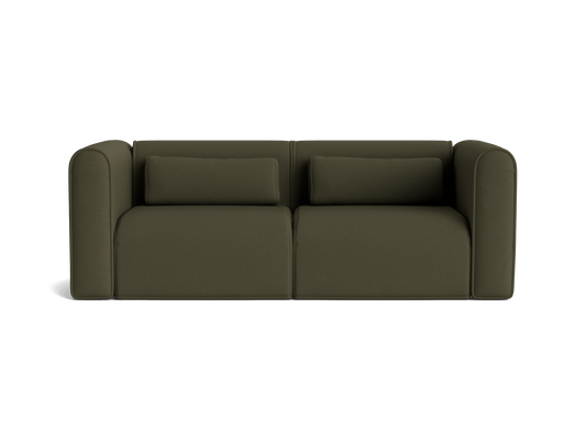 Olive green, modern two-seater sofa with rounded arms and two matching cushions. Perfect for contemporary living spaces.