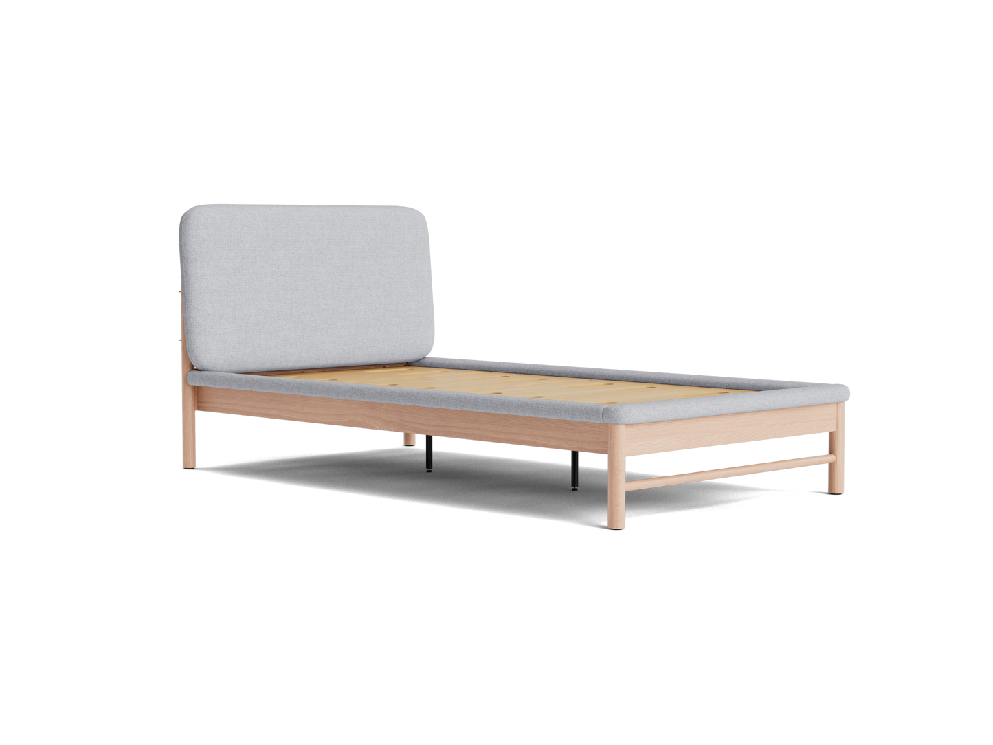 Light grey upholstered daybed with a light wooden frame, featuring a single backrest cushion. Minimalist design ideal for modern interiors.