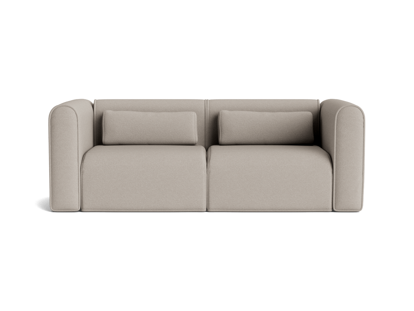 Beige two-seater sofa with rounded arms and two rectangular back cushions on a white background.