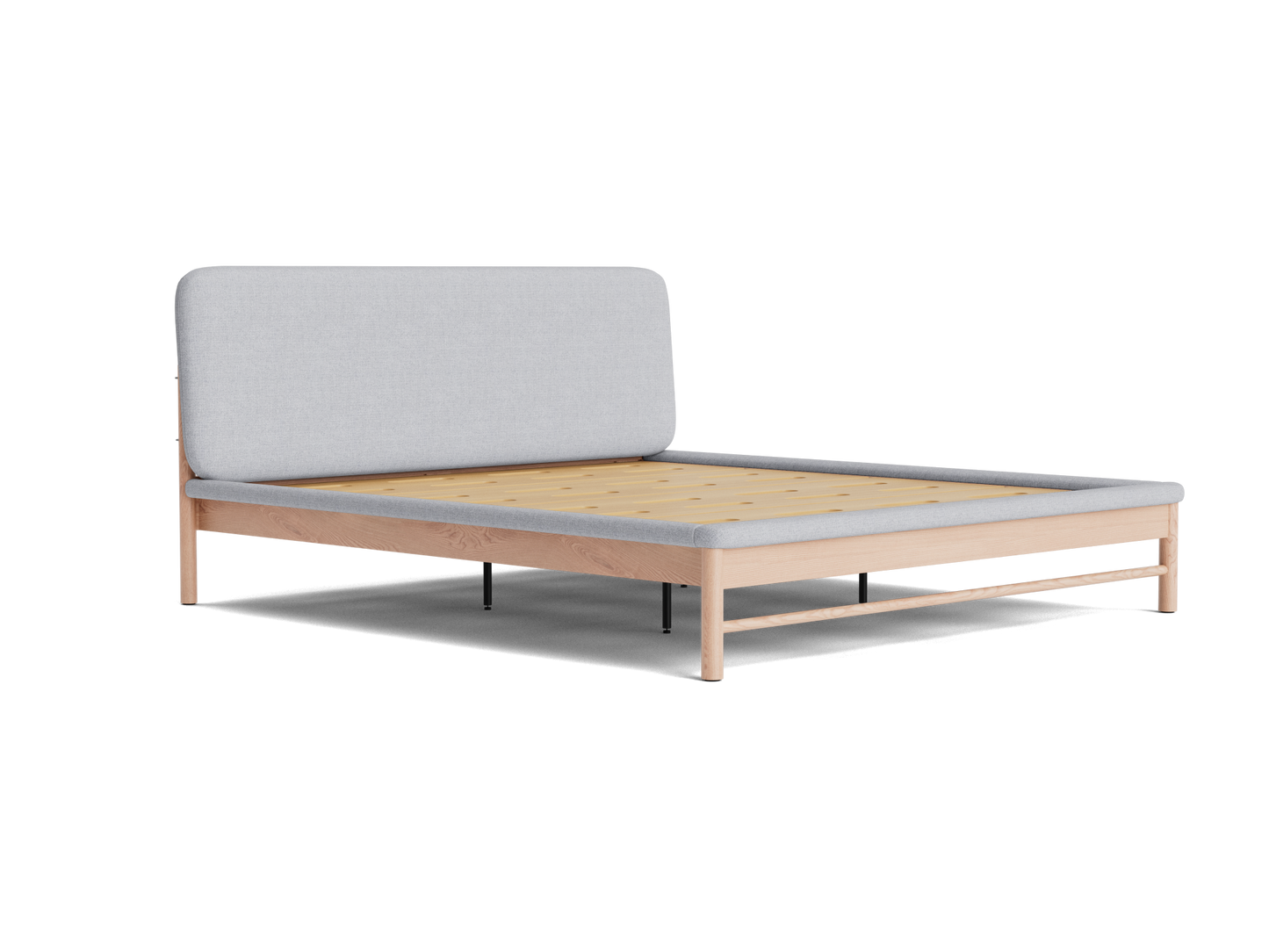 Light grey upholstered bed frame with a wooden base and minimalist design. Simple and modern furniture style.