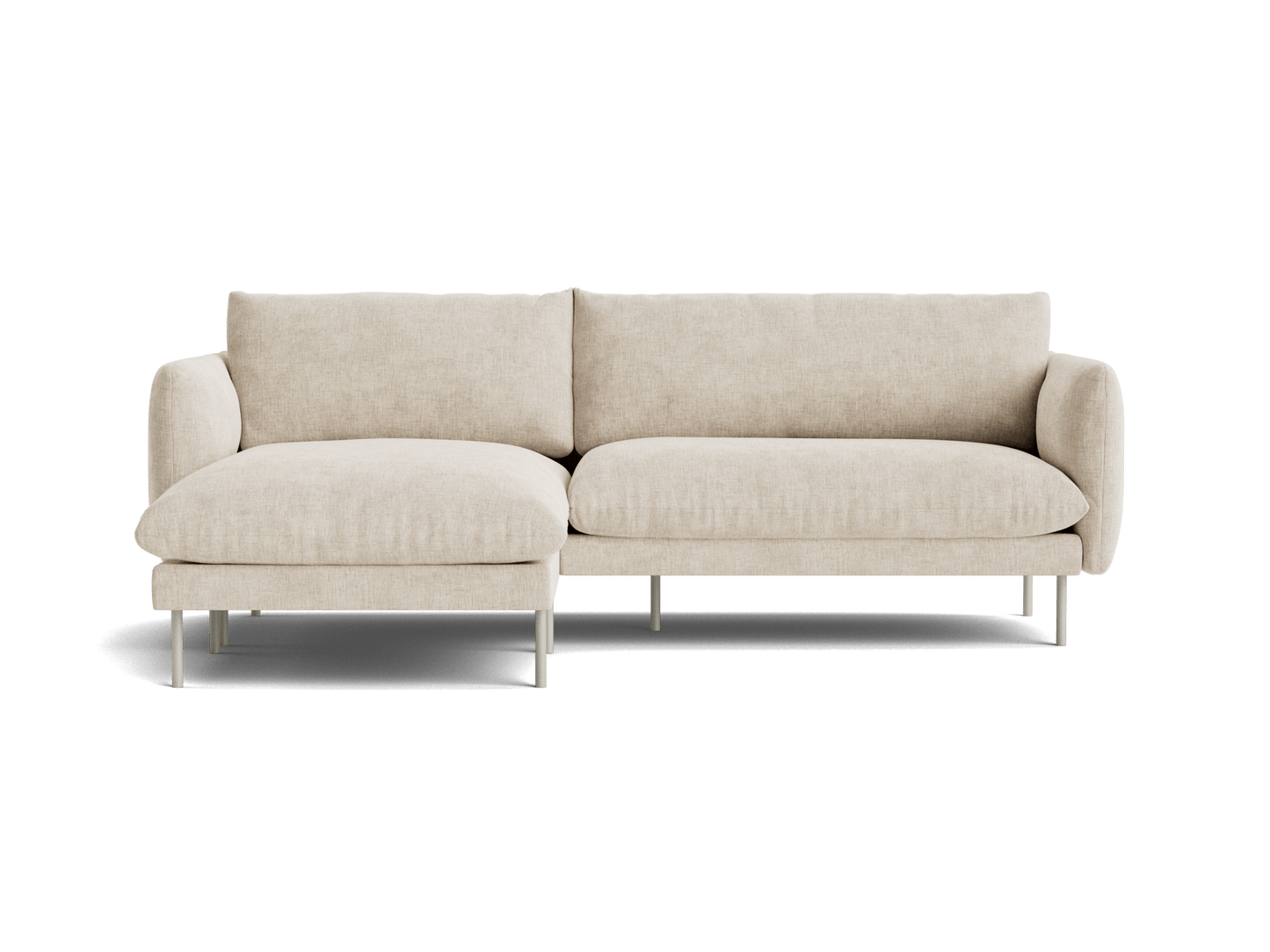 Beige three-seater sofa with chaise lounge, sleek lines, and minimalist design. Perfect for modern living room decor.