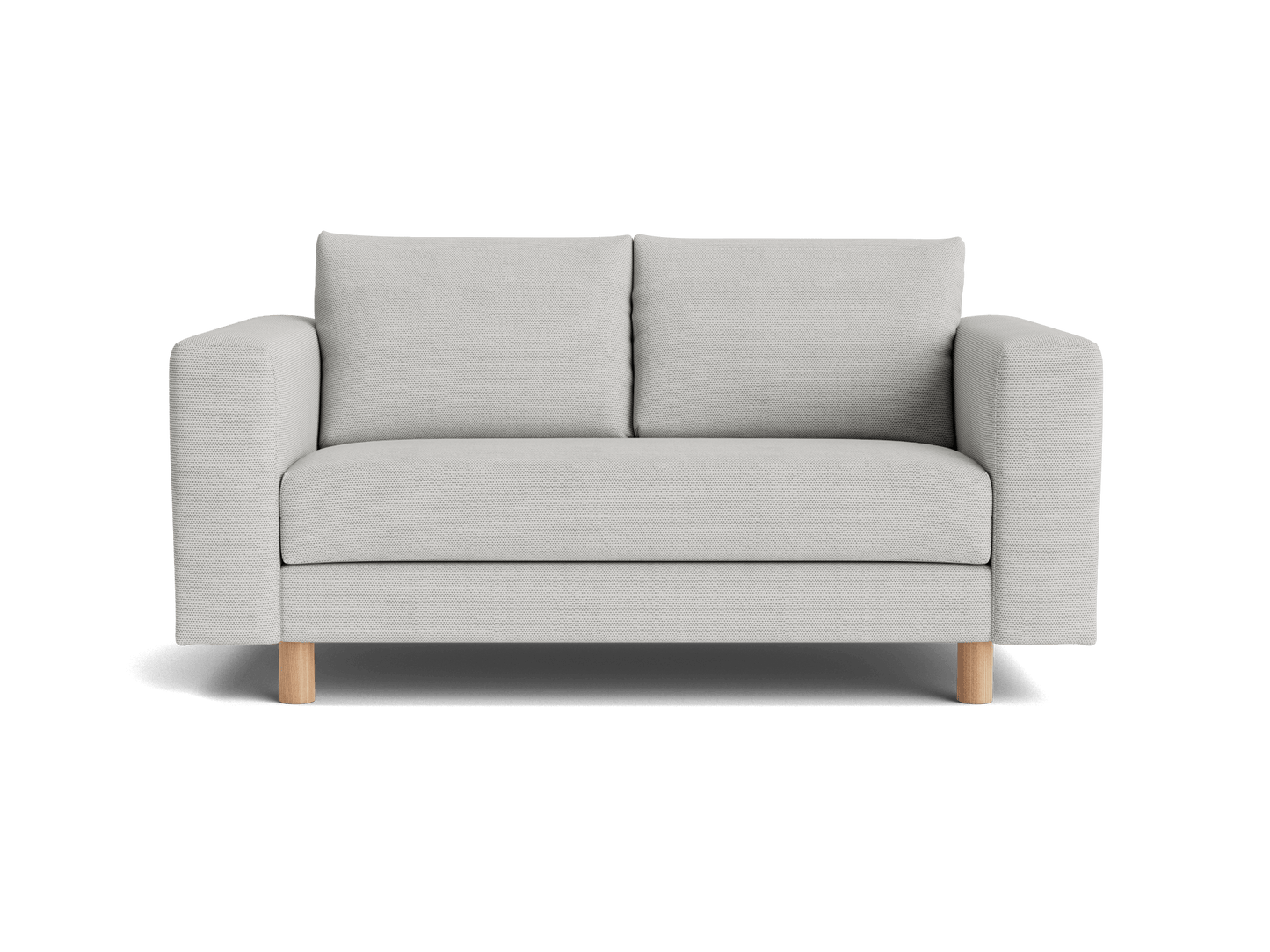 Light grey two-seater sofa with broad armrests and wooden legs. Modern design, ideal for living room furniture. Minimalist and stylish.