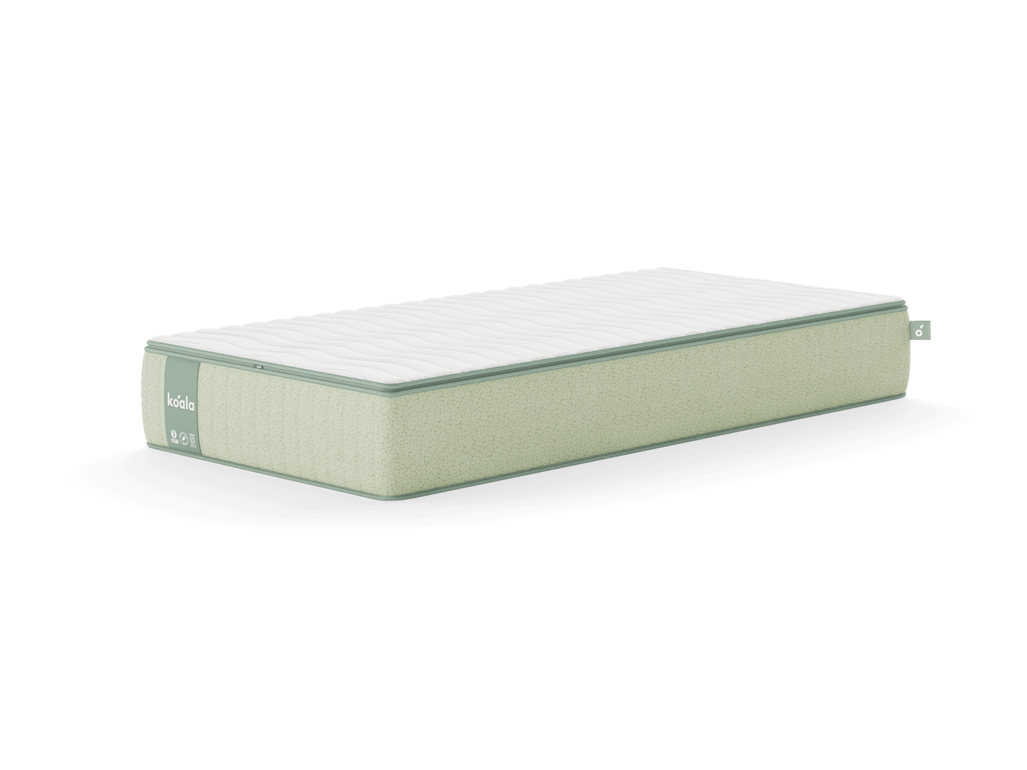 Green single mattress with a textured white top. The design features a subtle logo on one end, offering both comfort and stylish simplicity.