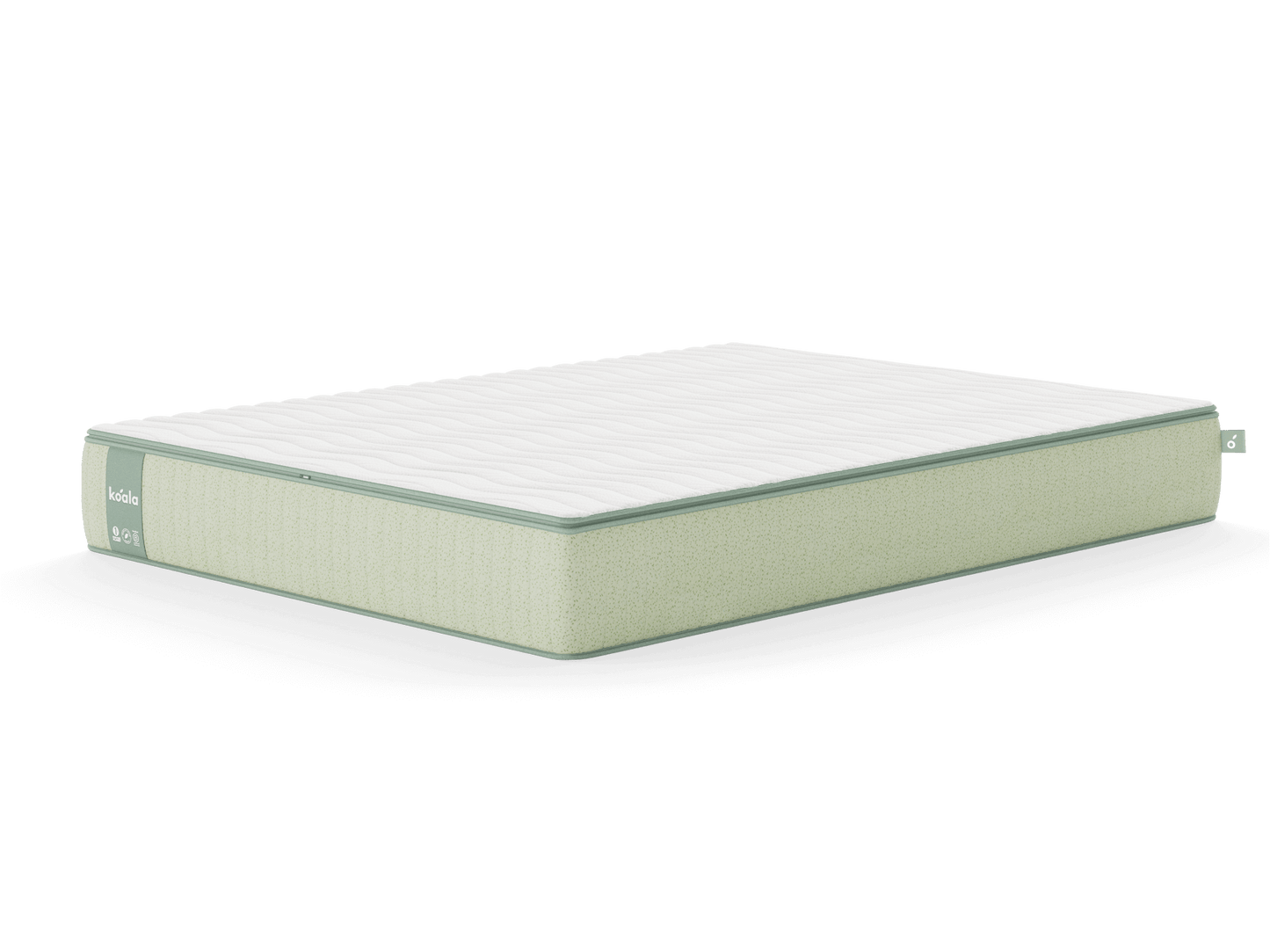 Light green mattress with white top and green trim, featuring a label on the side.