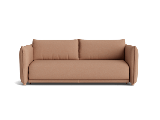 Tan-coloured three-seater sofa with cushioned backrest and arms, displayed on a white background. Modern, minimalist design.