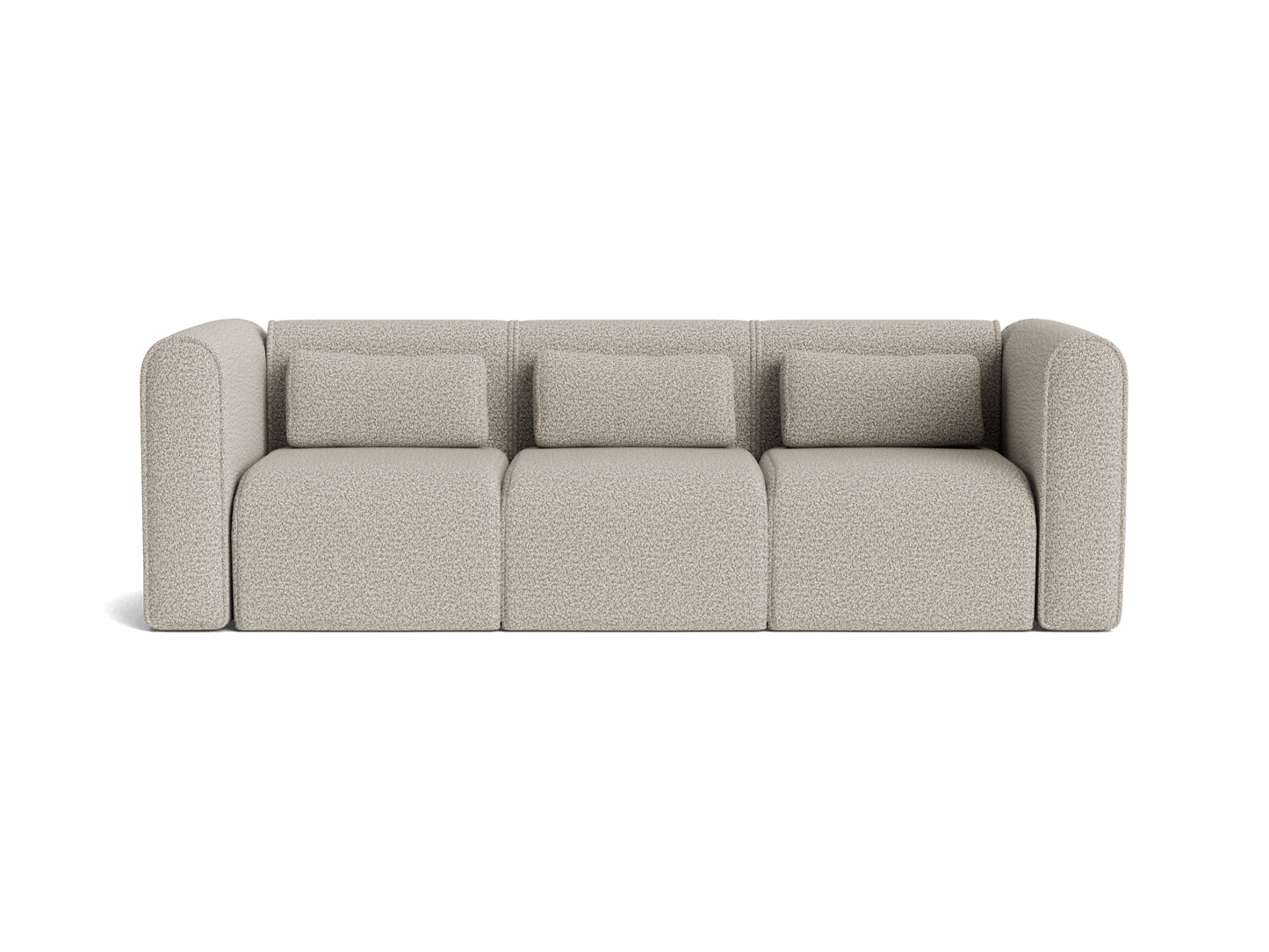 Three-seater beige sofa with plush cushions and rounded armrests on each end.