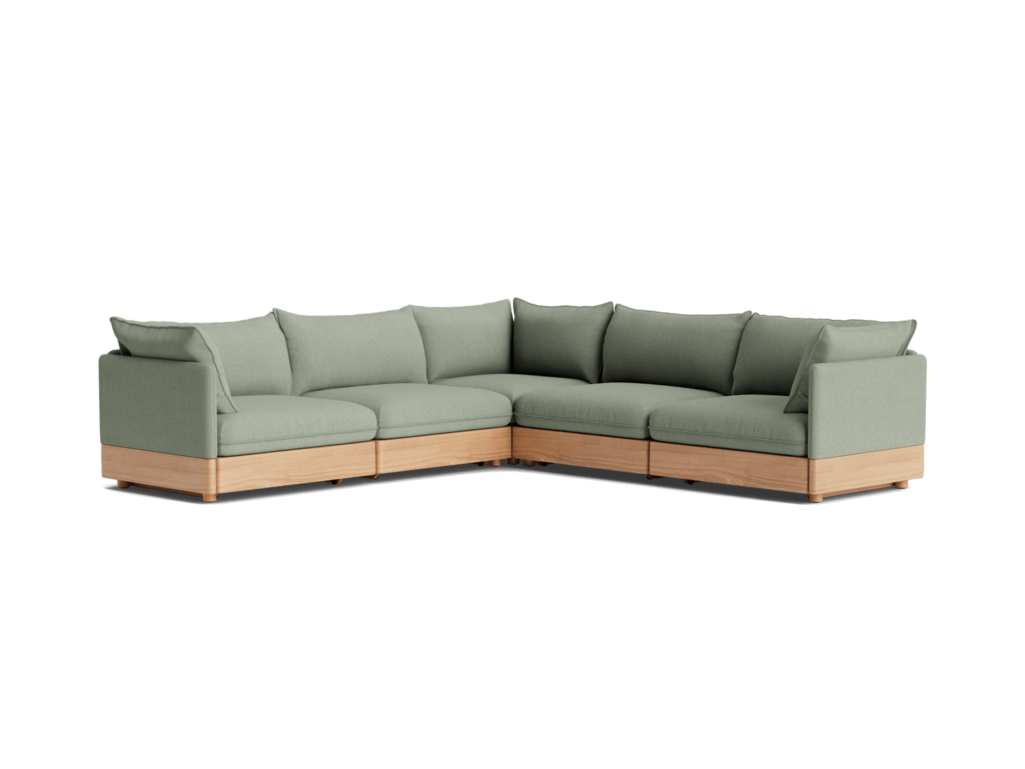 Green sectional sofa with a wooden base, featuring plush cushions and a modern L-shape design.