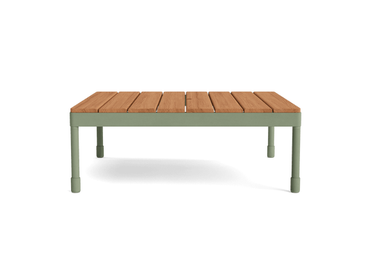 Wooden outdoor coffee table with a light green metal frame and slatted top. Simple, modern design. Ideal for garden or patio use.