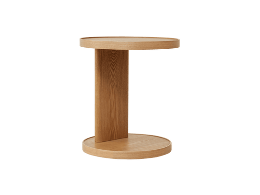 Round wooden side table with vertical support connecting the top and bottom surfaces. Light brown finish, minimalistic design.