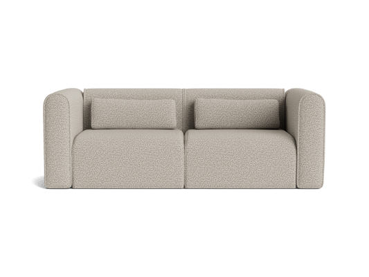 Light grey, modern sofa with two matching cushions and rounded armrests. Simple and elegant design, suitable for contemporary interiors.