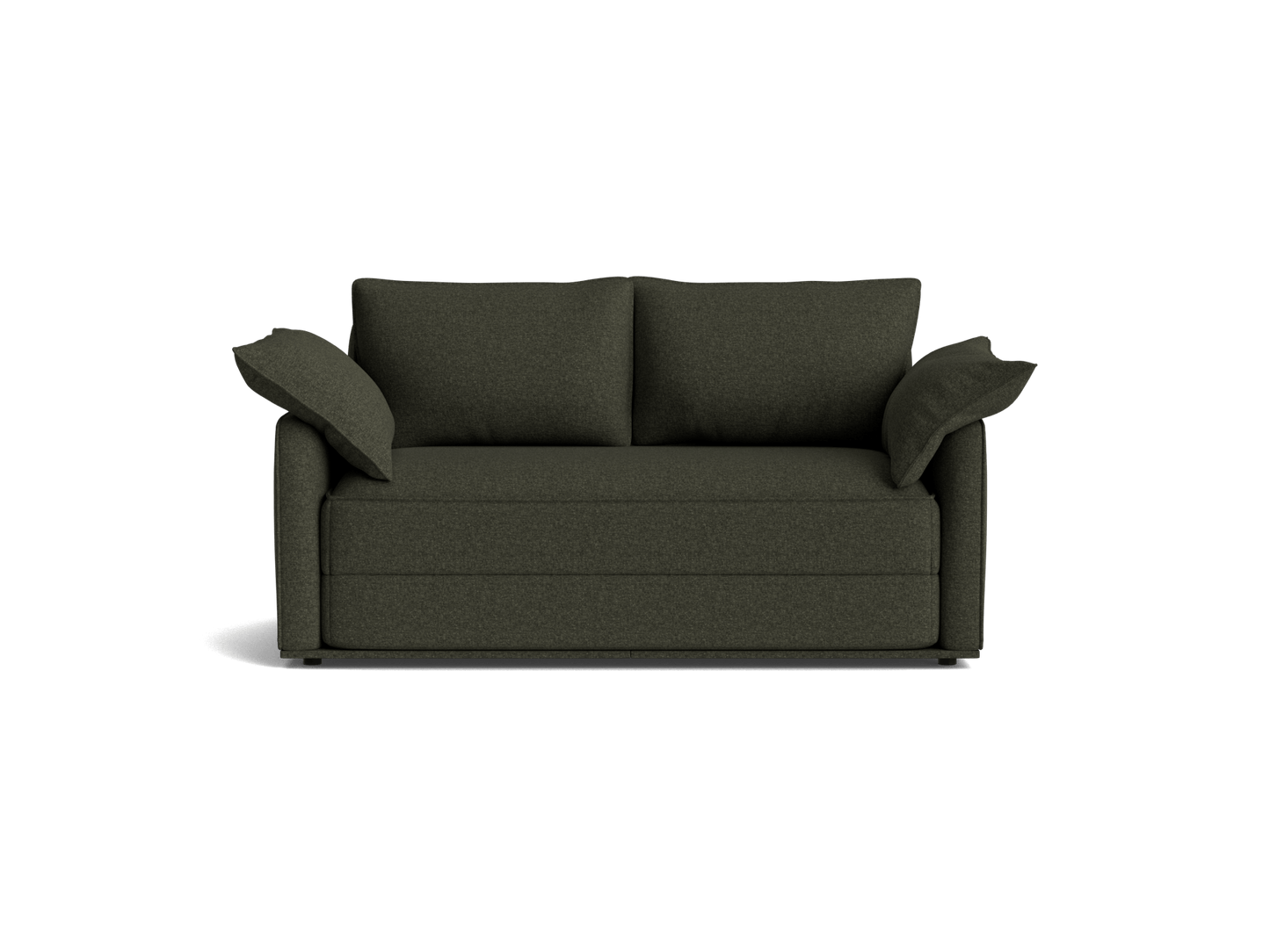 Dark green, two-seater sofa with square cushions and wide armrests, on a white background.