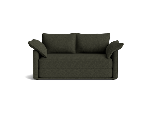 Dark green, two-seater sofa with square cushions and wide armrests, on a white background.