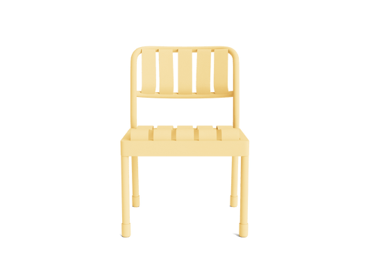 Yellow plastic chair with a slatted back and seat, featuring a simple modern design. Suitable for indoor or outdoor use.