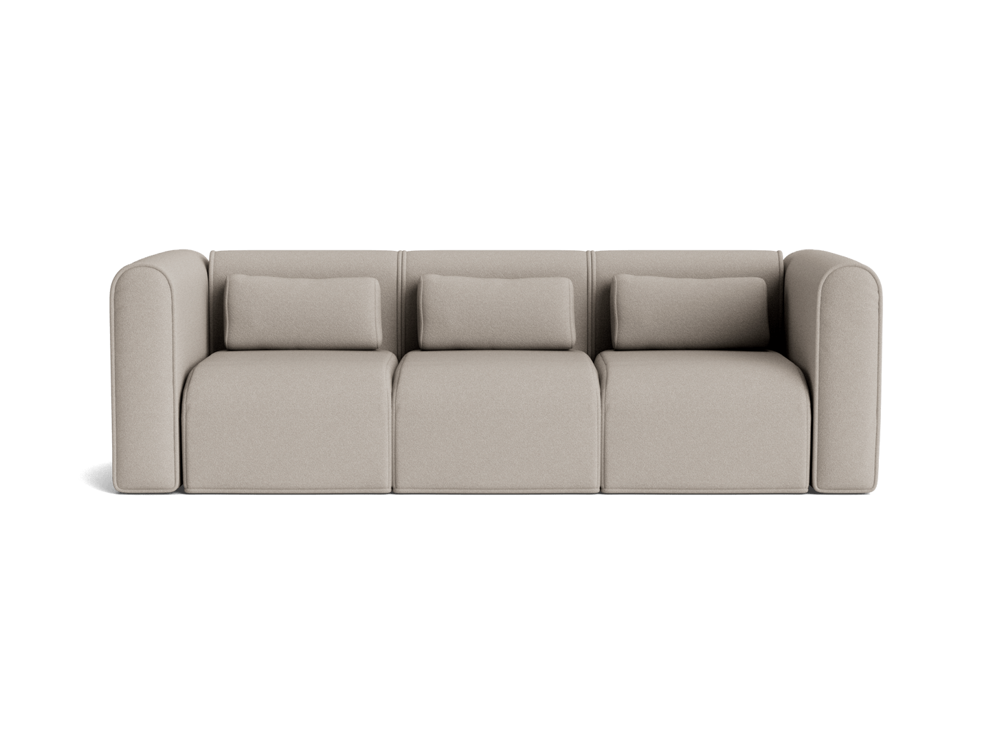 Modern beige fabric sofa with three seats and three matching cushions. The couch has a minimalist, modular design with rounded armrests.