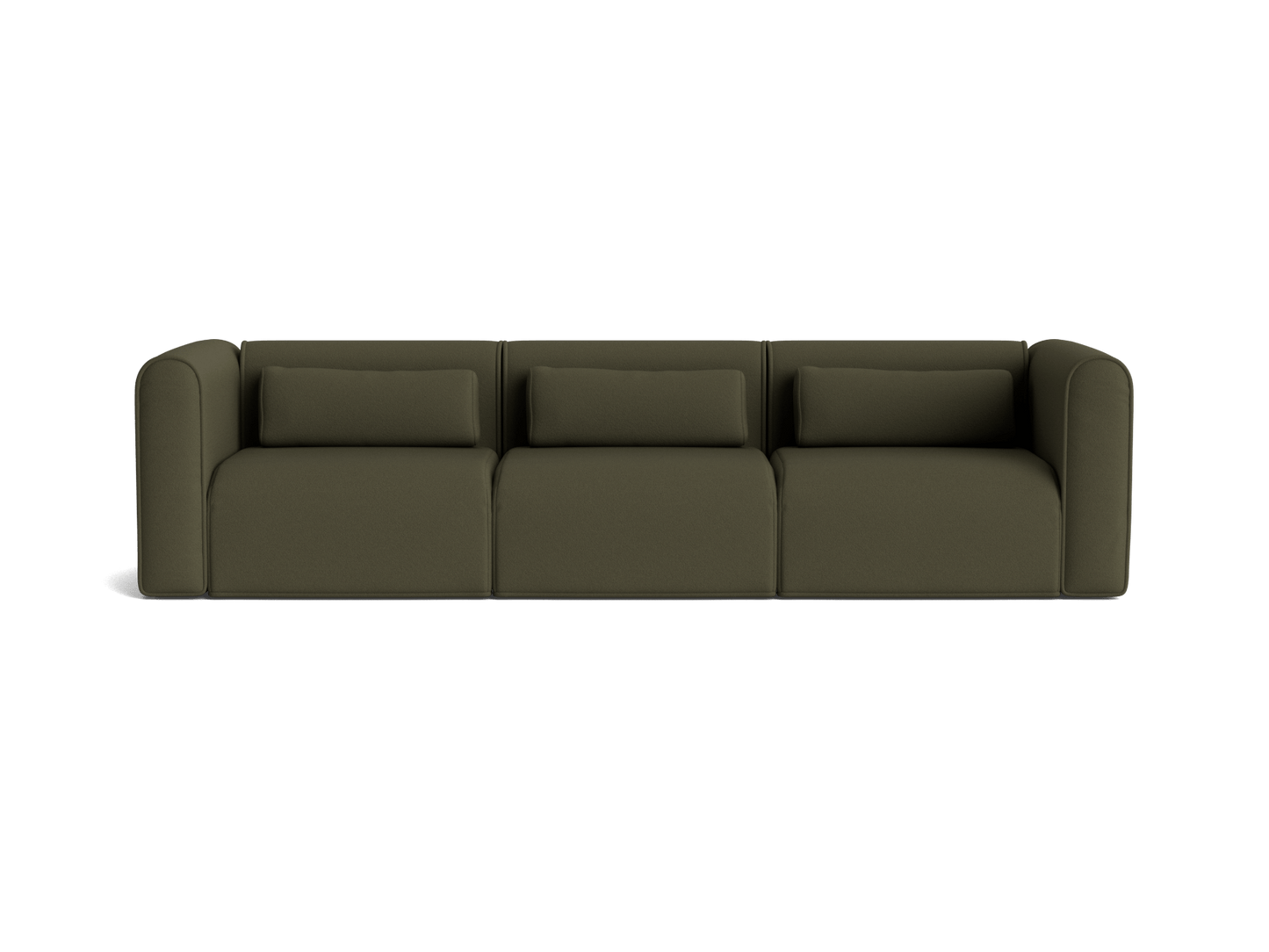 Olive green three-seater sofa with rounded armrests and three back cushions on a white background.