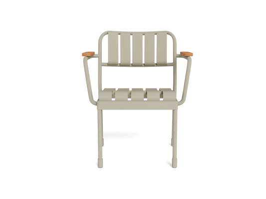 Light grey metal chair with slatted design, wooden-topped armrests, and a minimalist aesthetic. Suitable for outdoor furniture settings.