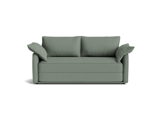 A stylish two-seater sofa in muted green fabric, featuring two back cushions and rounded armrests, perfect for contemporary living rooms.