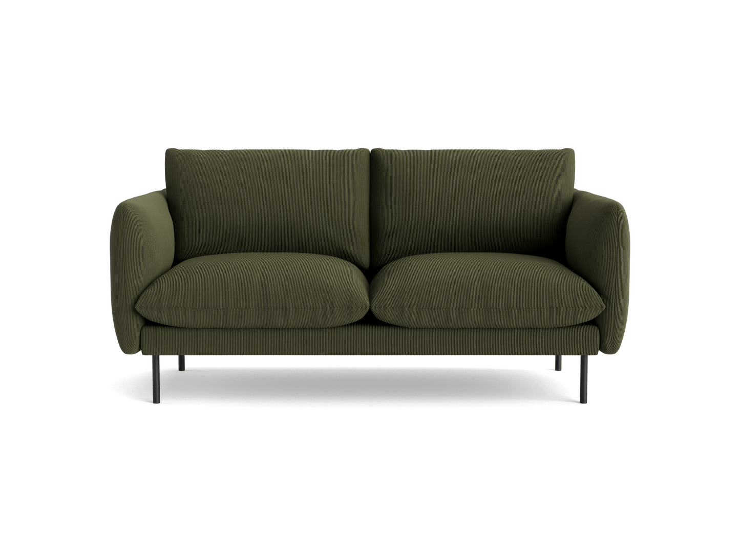 Olive green loveseat with plush cushions and slim black legs, featuring a modern, minimalist design ideal for contemporary living spaces.