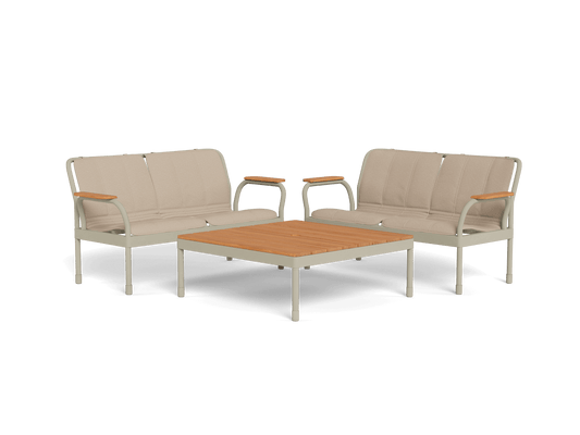 Outdoor lounge set with two beige cushioned sofas and a square wooden coffee table. White metal frames and wooden armrest accents.