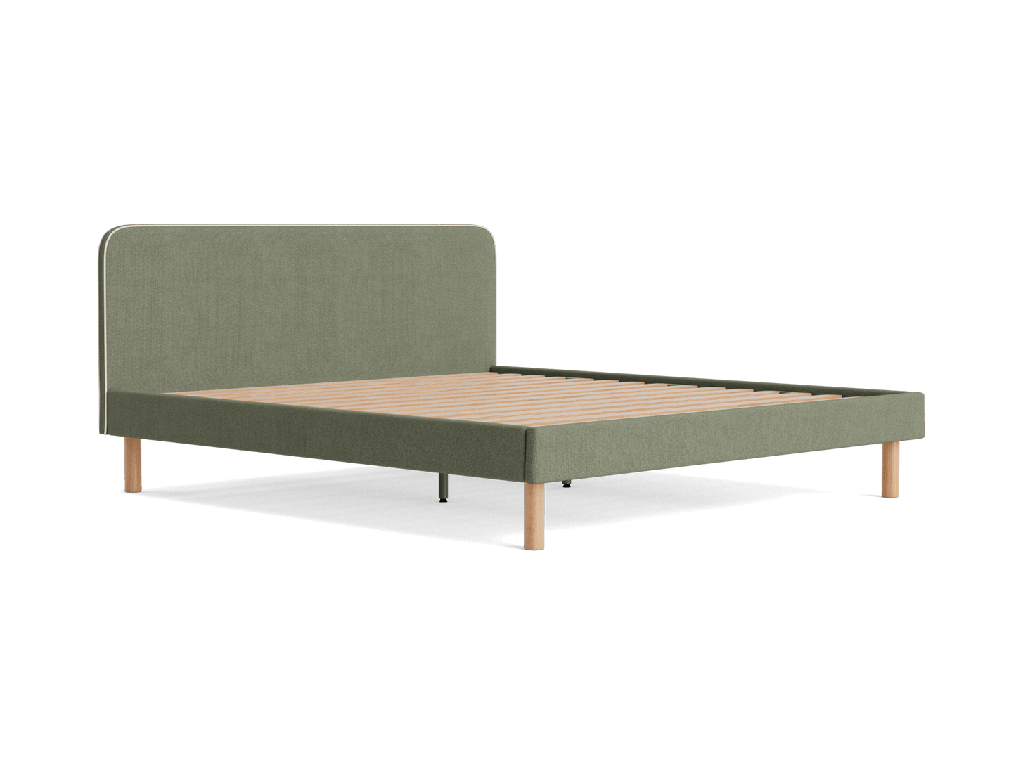 Olive green upholstered bed frame with a minimal design, wooden slats, and light brown legs, set against a plain white background.