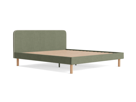 Olive green upholstered bed frame with a minimal design, wooden slats, and light brown legs, set against a plain white background.