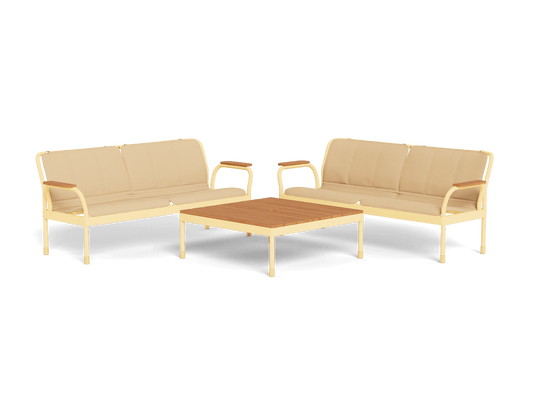 Outdoor beige lounge setting with two matching sofas and a central wooden coffee table. Cream metal frames and padded seats.