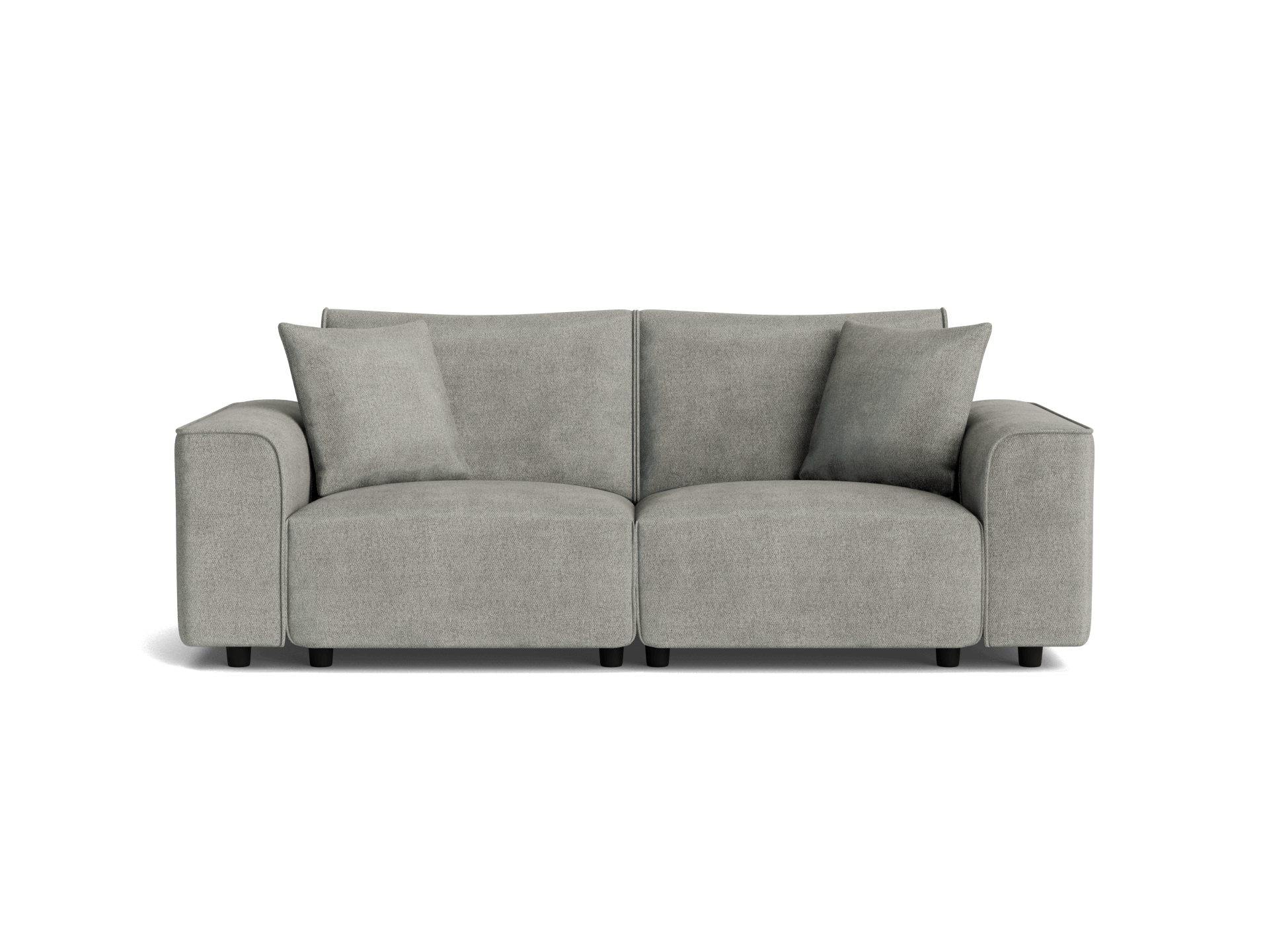 Light grey sofa with two seat cushions, two back cushions, and two matching pillows. Modern design with wide armrests.