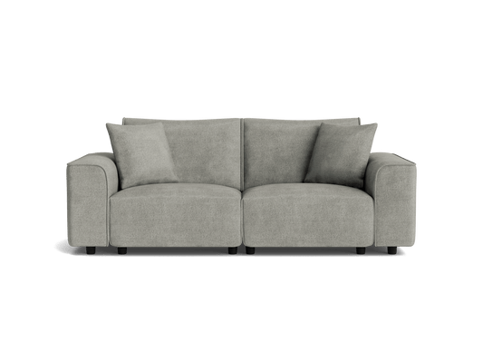 Light grey sofa with two seat cushions, two back cushions, and two matching pillows. Modern design with wide armrests.